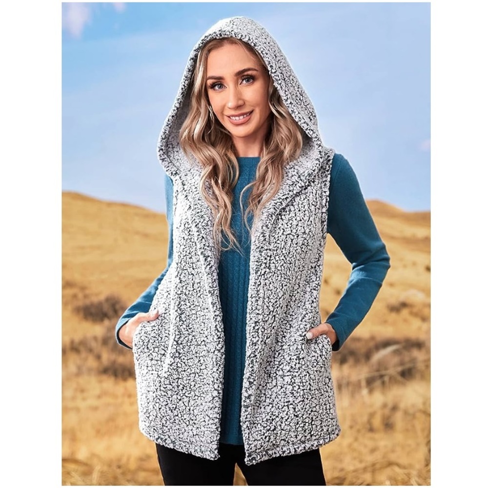 Love Tree Women's Fashion Jacket Open Front Hooded Teddy Vest Lightweight Gray L
